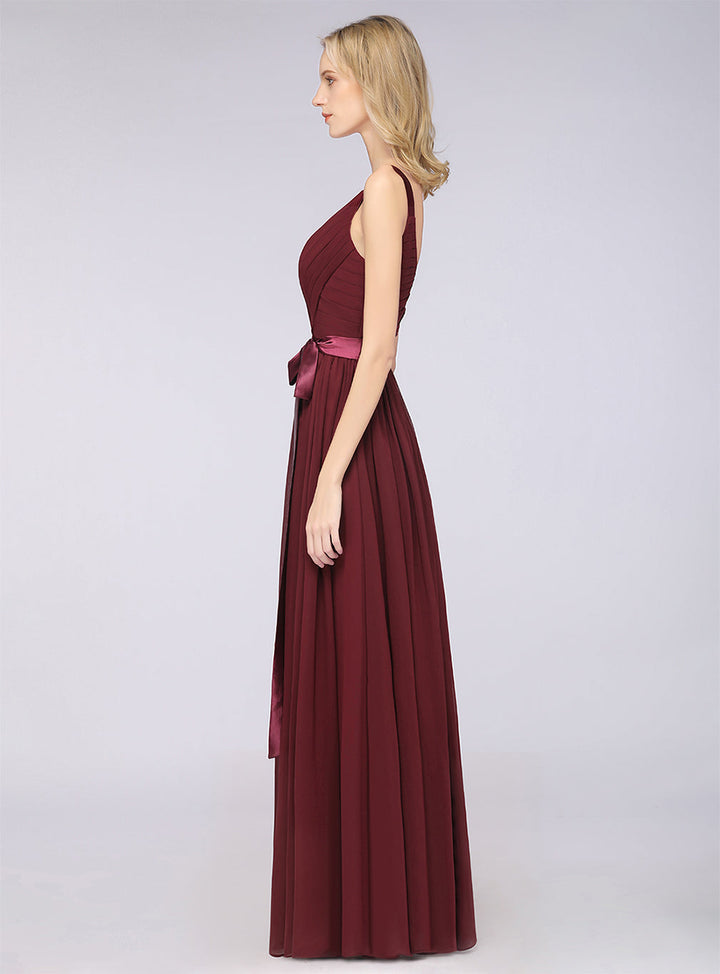 A-line Straps Chiffon Floor-Length Dress with Bow Sash-koscy