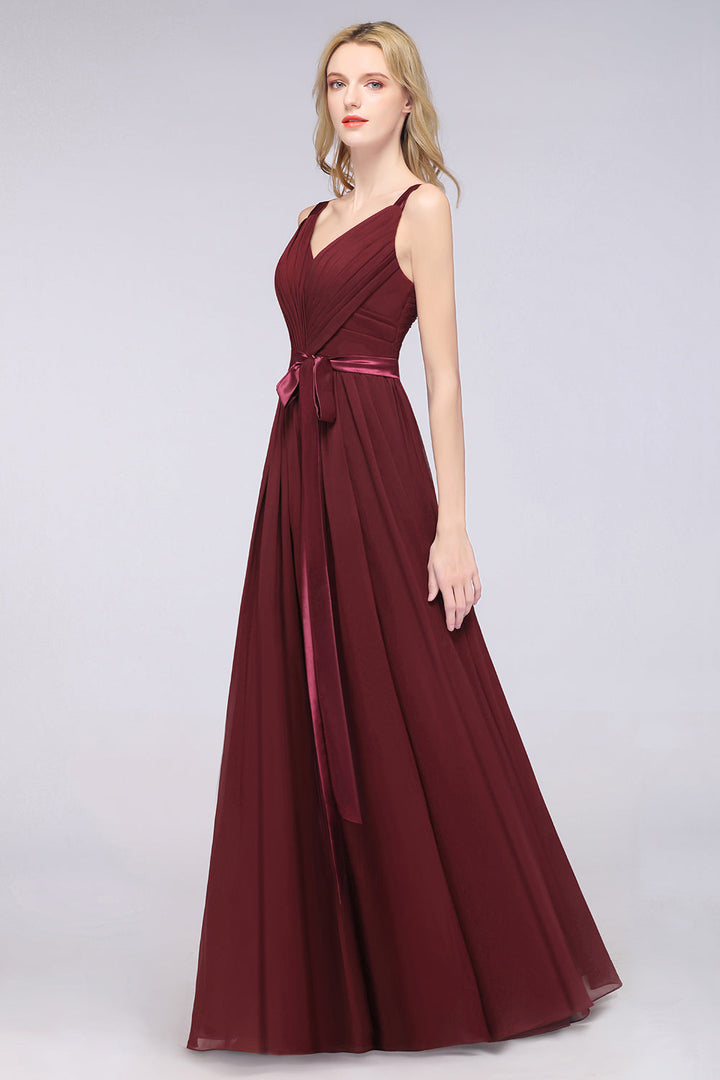 A-line Straps Chiffon Floor-Length Dress with Bow Sash-koscy