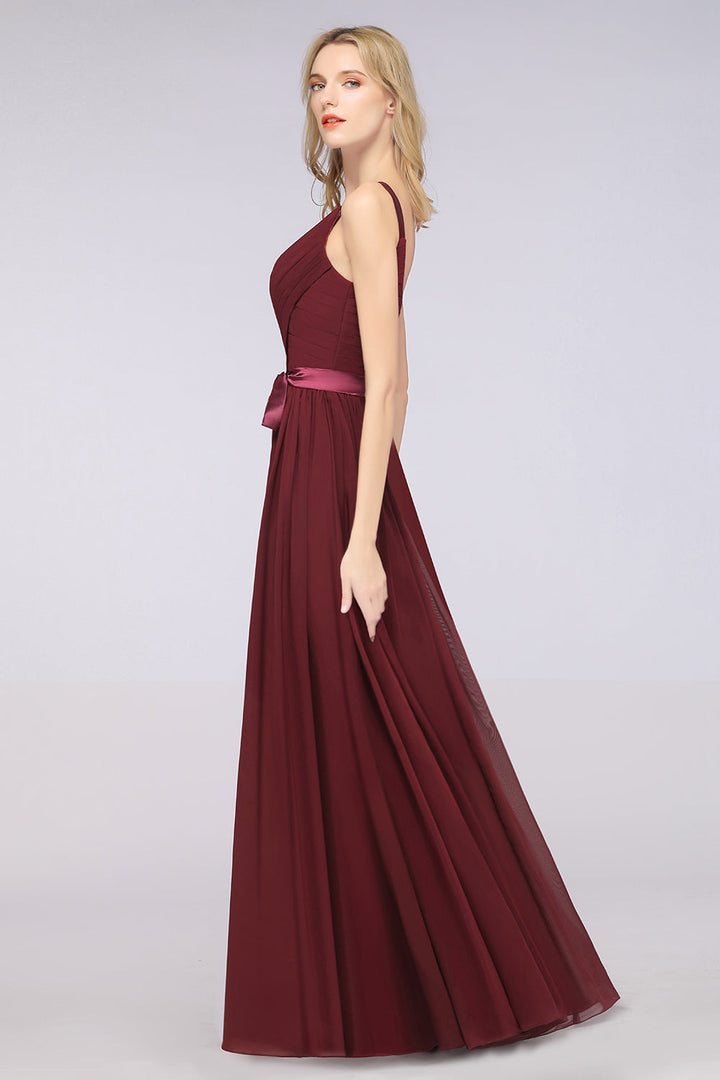 A-line Straps Chiffon Floor-Length Dress with Bow Sash-koscy