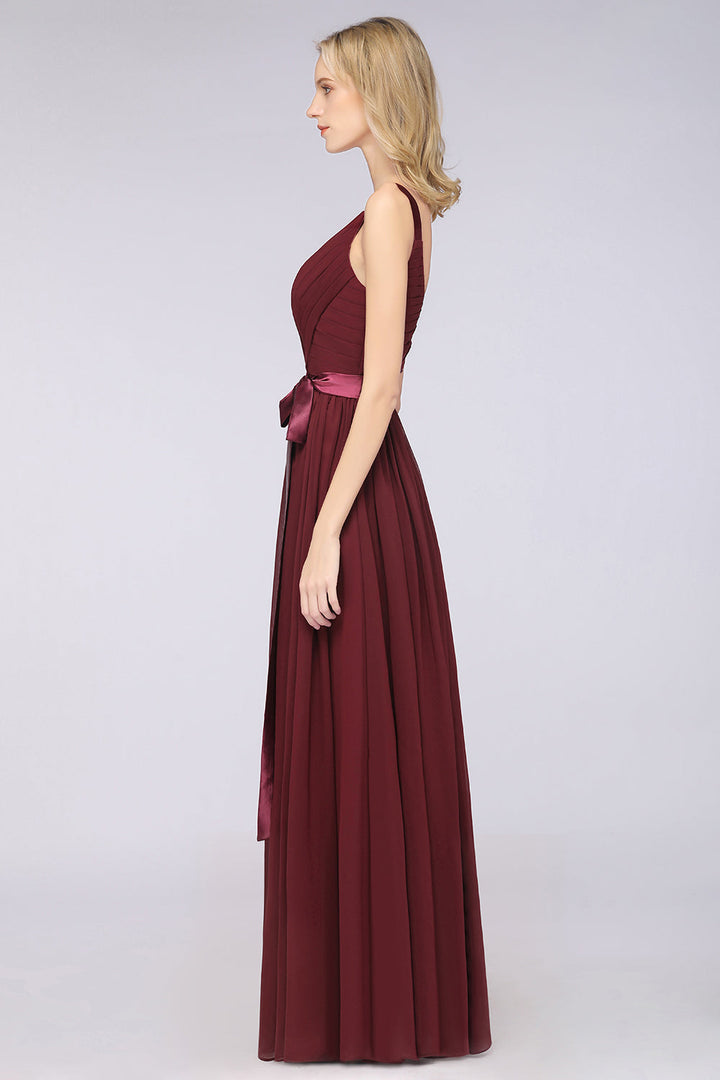 A-line Straps Chiffon Floor-Length Dress with Bow Sash-koscy