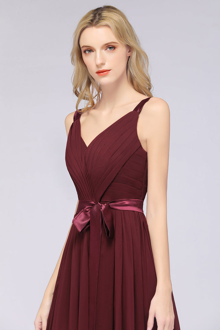 A-line Straps Chiffon Floor-Length Dress with Bow Sash-koscy