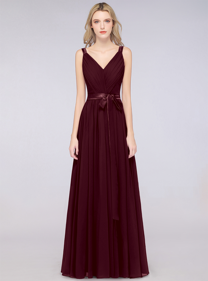 A-line Straps Chiffon Floor-Length Dress with Bow Sash-koscy