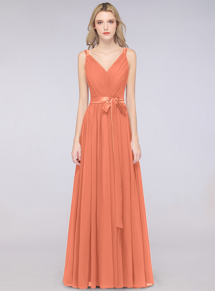 A-line Straps Chiffon Floor-Length Dress with Bow Sash-koscy