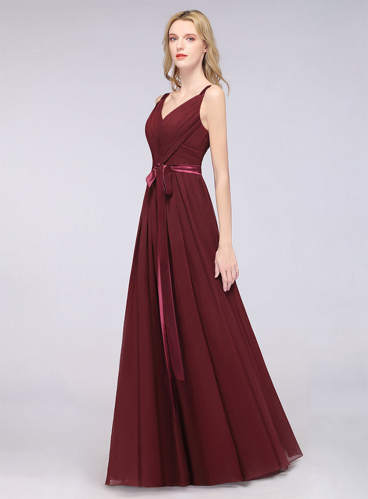 A-line Straps Chiffon Floor-Length Dress with Bow Sash-koscy