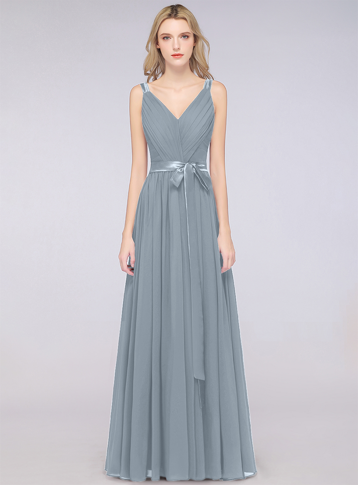 A-line Straps Chiffon Floor-Length Dress with Bow Sash-koscy