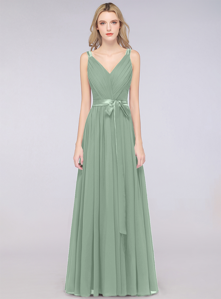 A-line Straps Chiffon Floor-Length Dress with Bow Sash-koscy