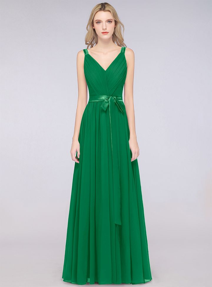 A-line Straps Chiffon Floor-Length Dress with Bow Sash-koscy