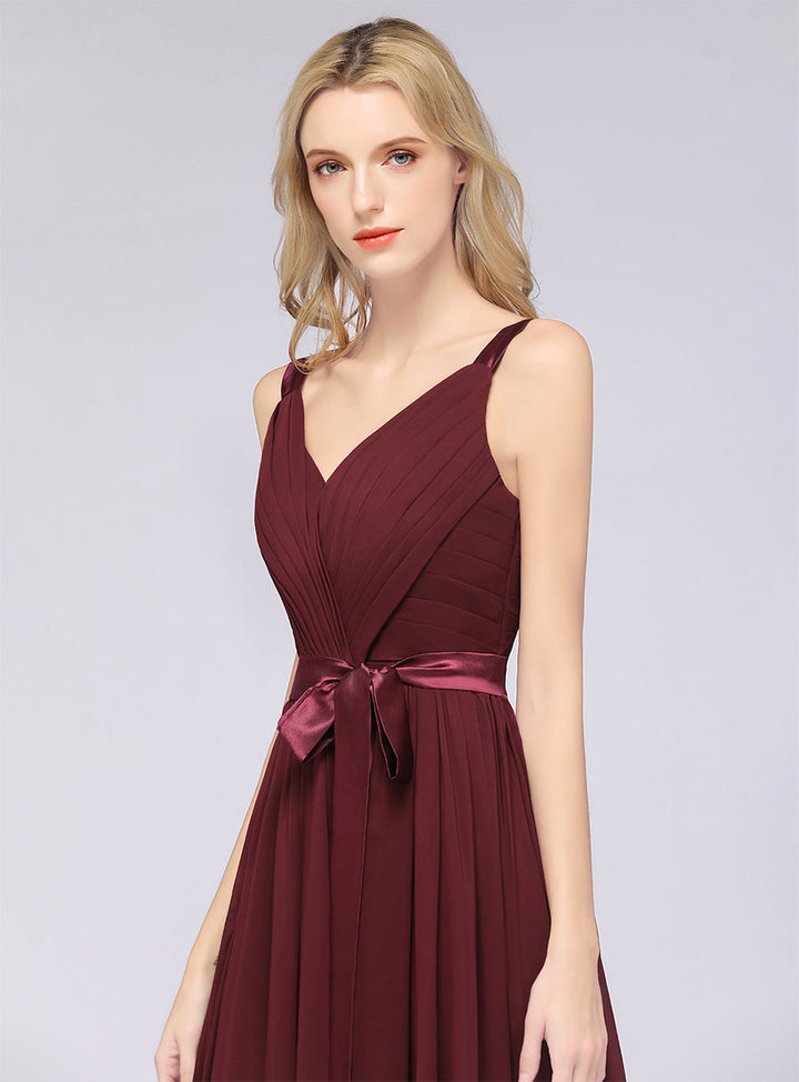 A-line Straps Chiffon Floor-Length Dress with Bow Sash-koscy