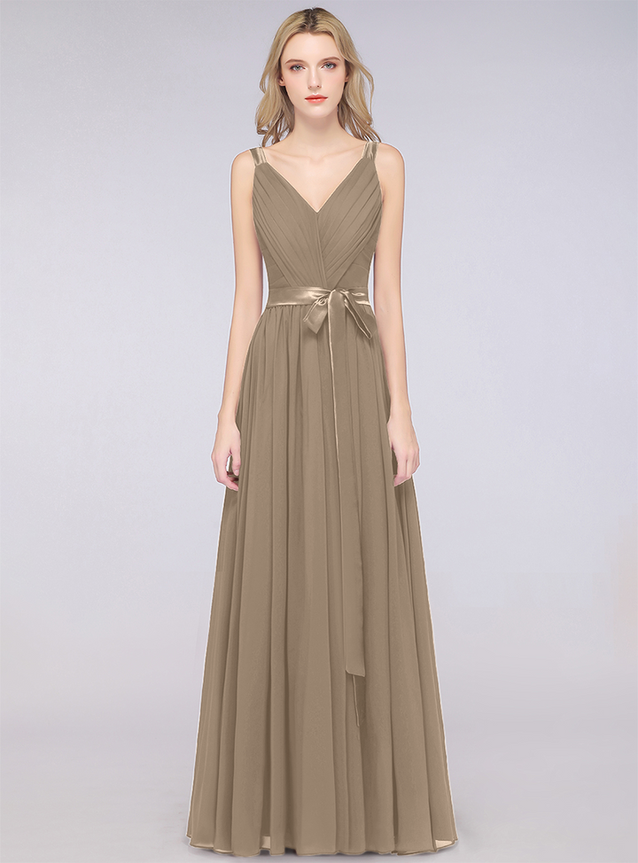 A-line Straps Chiffon Floor-Length Dress with Bow Sash-koscy