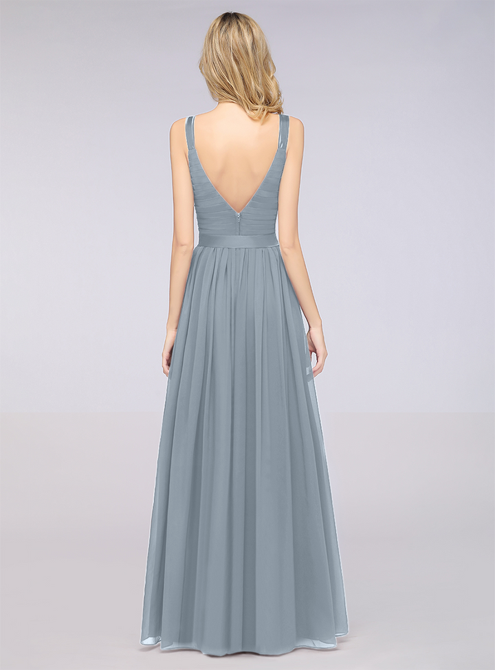 A-line Straps Chiffon Floor-Length Dress with Bow Sash-koscy