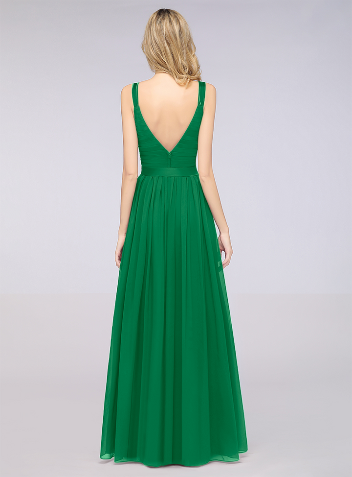 A-line Straps Chiffon Floor-Length Dress with Bow Sash-koscy