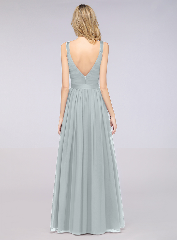 A-line Straps Chiffon Floor-Length Dress with Bow Sash-koscy