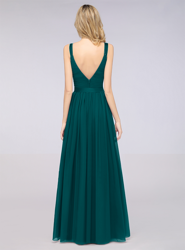 A-line Straps Chiffon Floor-Length Dress with Bow Sash-koscy