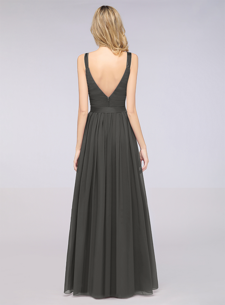 A-line Straps Chiffon Floor-Length Dress with Bow Sash-koscy