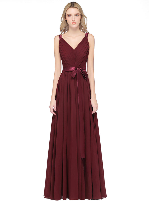 A-line Straps Chiffon Floor-Length Dress with Bow Sash-koscy