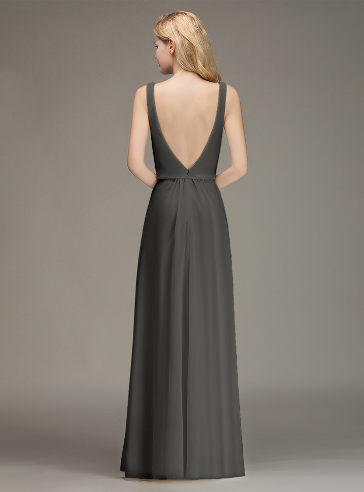 A-line Straps Ruched Chiffon Floor-Length Dress-koscy