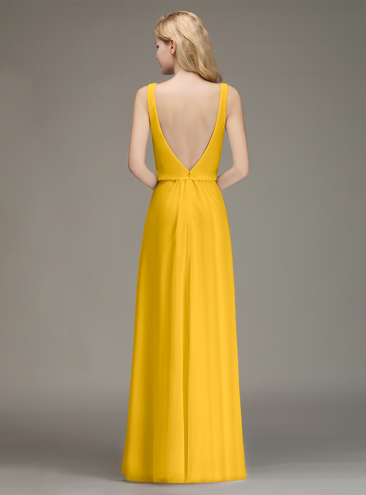 A-line Straps Ruched Chiffon Floor-Length Dress-koscy