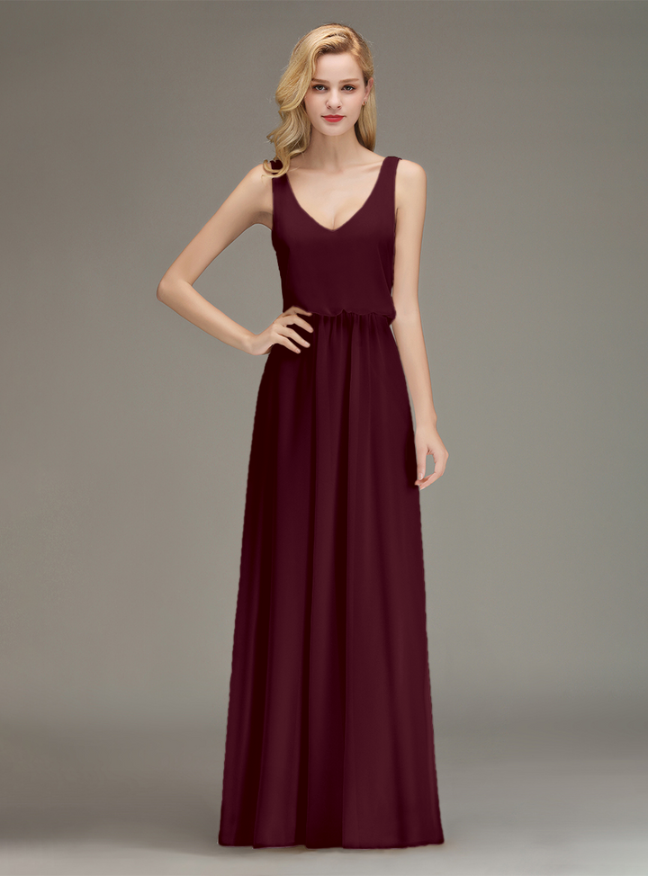 A-line Straps Ruched Chiffon Floor-Length Dress-koscy