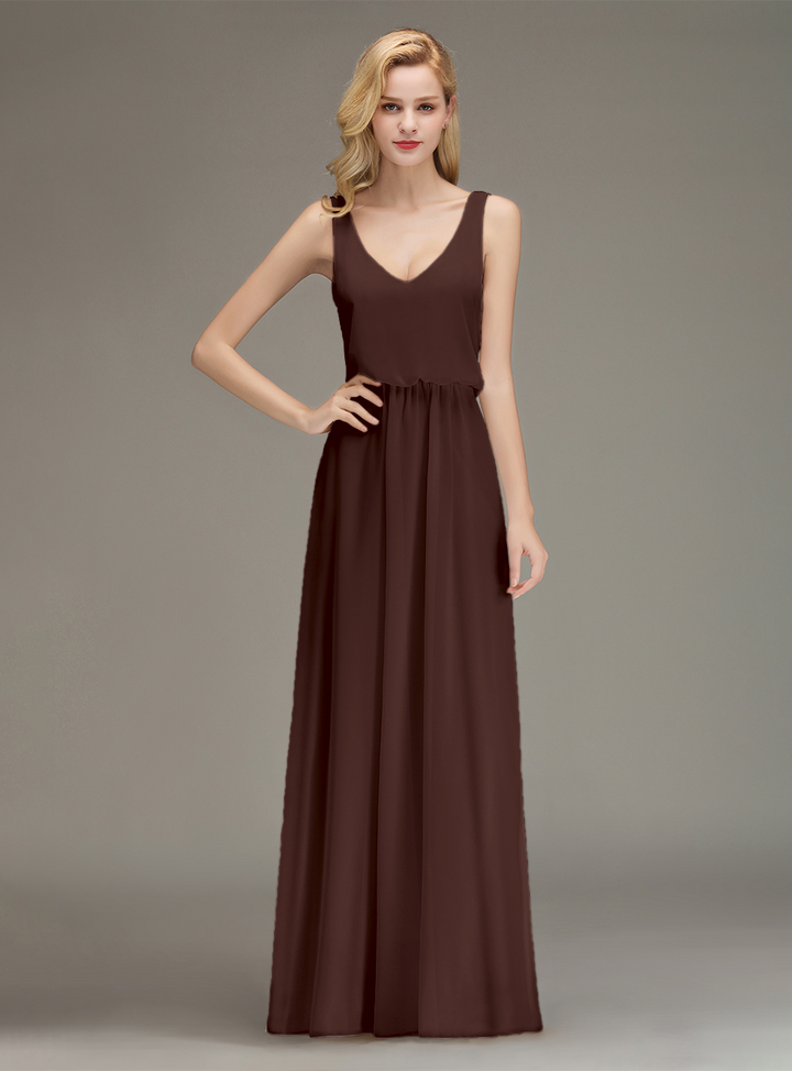 A-line Straps Ruched Chiffon Floor-Length Dress-koscy