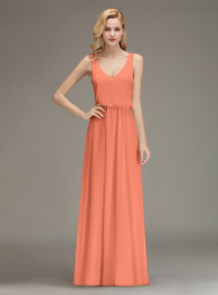 A-line Straps Ruched Chiffon Floor-Length Dress-koscy