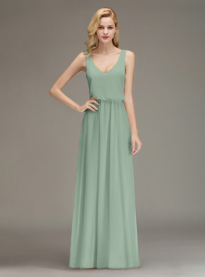 A-line Straps Ruched Chiffon Floor-Length Dress-koscy