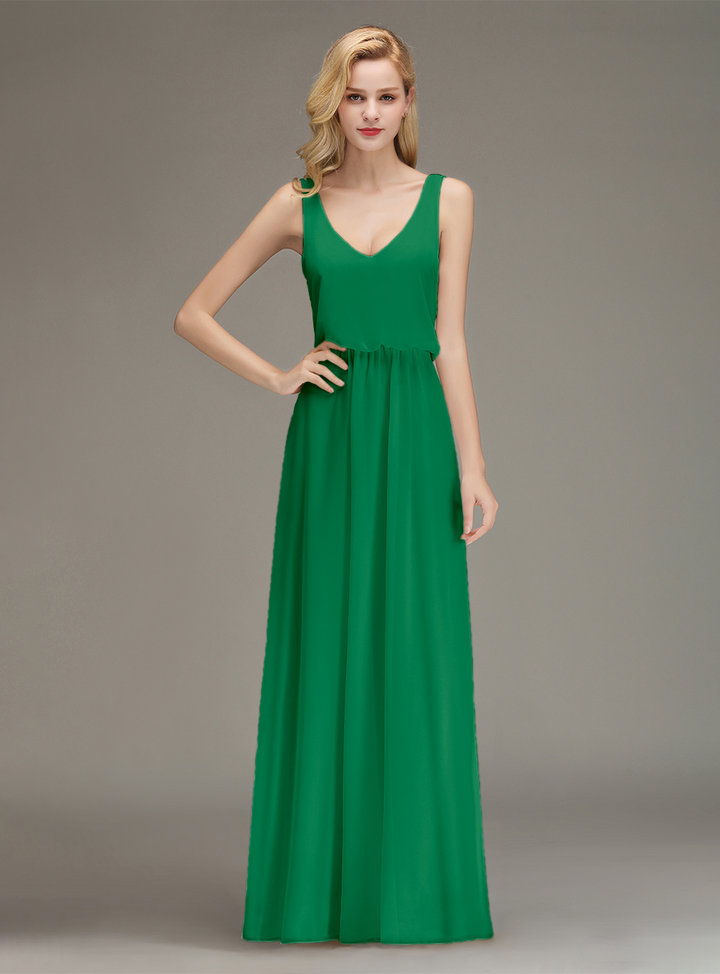 A-line Straps Ruched Chiffon Floor-Length Dress-koscy