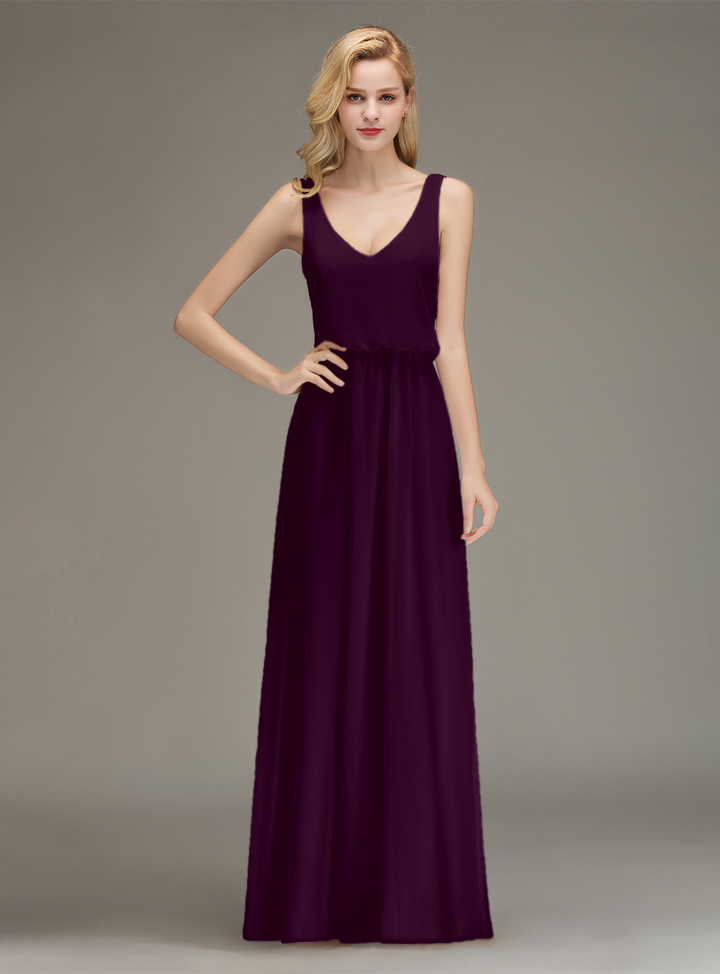 A-line Straps Ruched Chiffon Floor-Length Dress-koscy