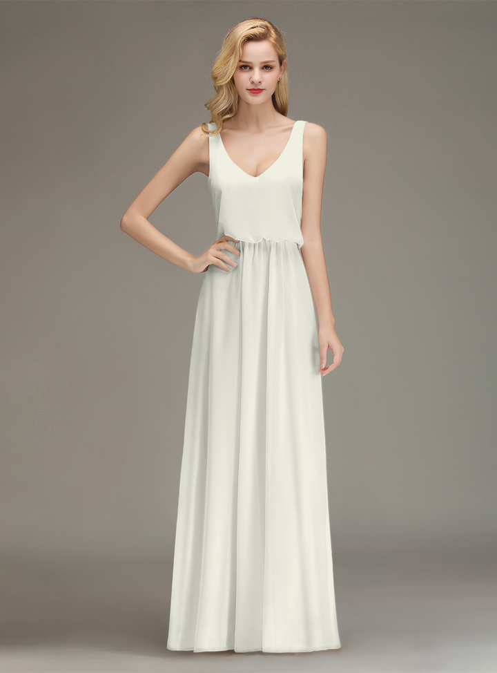 A-line Straps Ruched Chiffon Floor-Length Dress-koscy