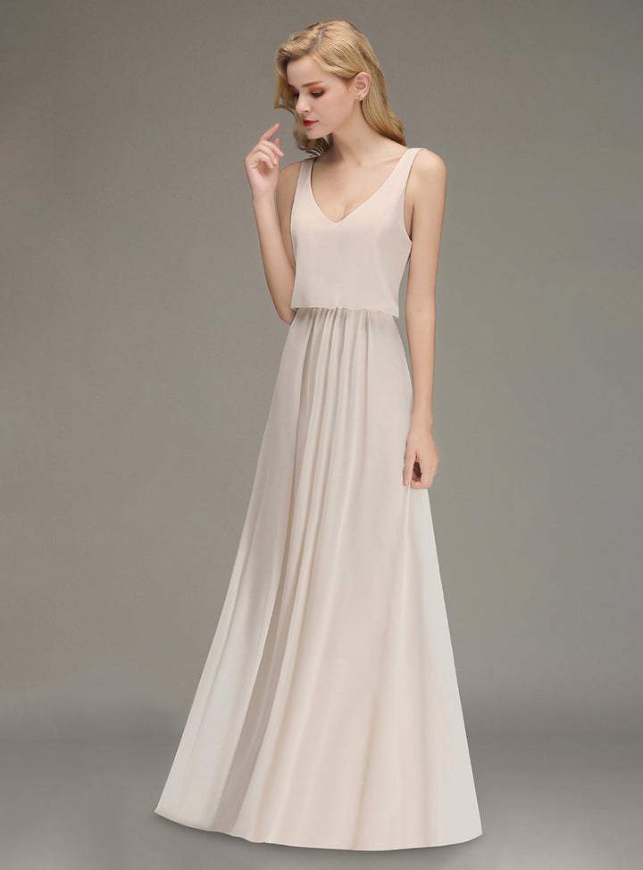 A-line Straps Ruched Chiffon Floor-Length Dress-koscy