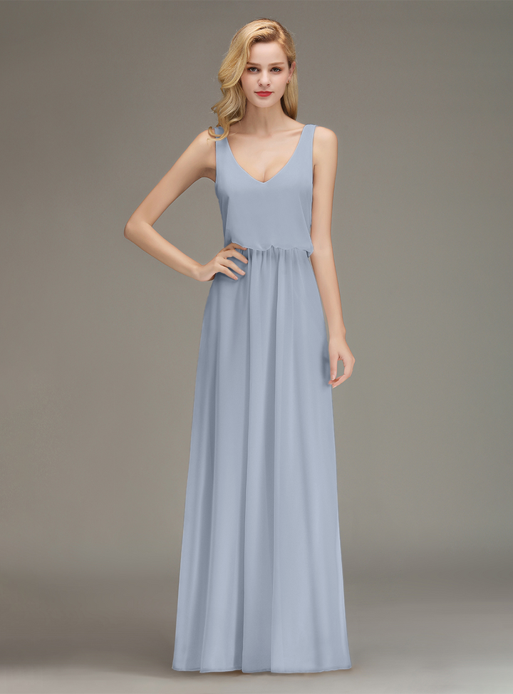 A-line Straps Ruched Chiffon Floor-Length Dress-koscy