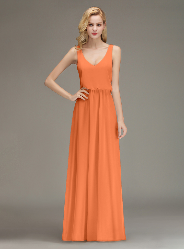 A-line Straps Ruched Chiffon Floor-Length Dress-koscy