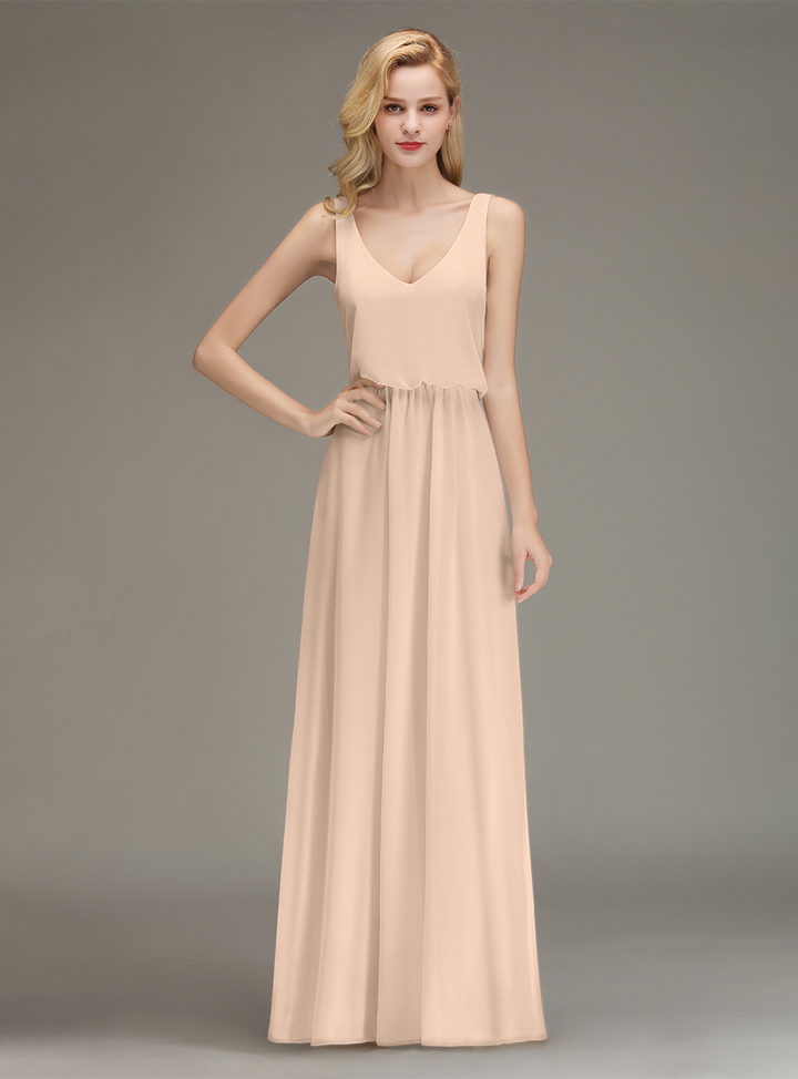 A-line Straps Ruched Chiffon Floor-Length Dress-koscy