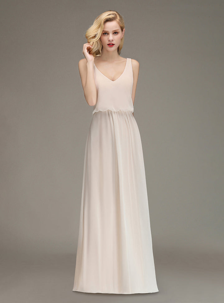 A-line Straps Ruched Chiffon Floor-Length Dress-koscy