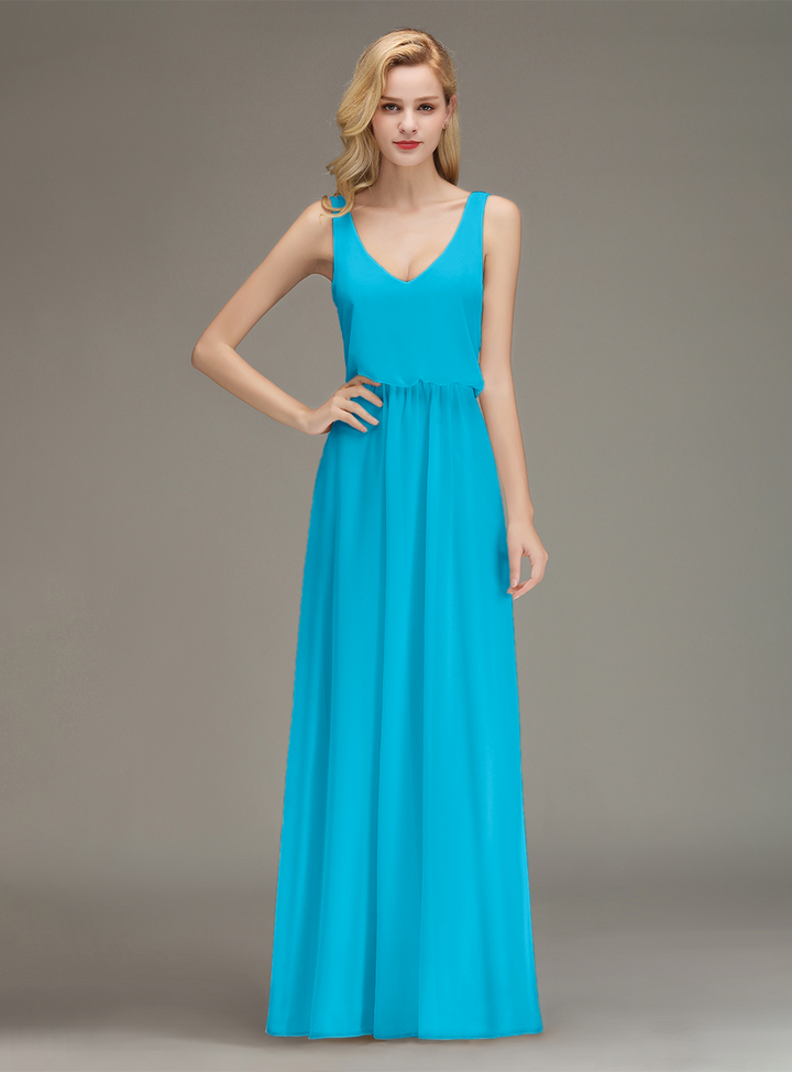 A-line Straps Ruched Chiffon Floor-Length Dress-koscy