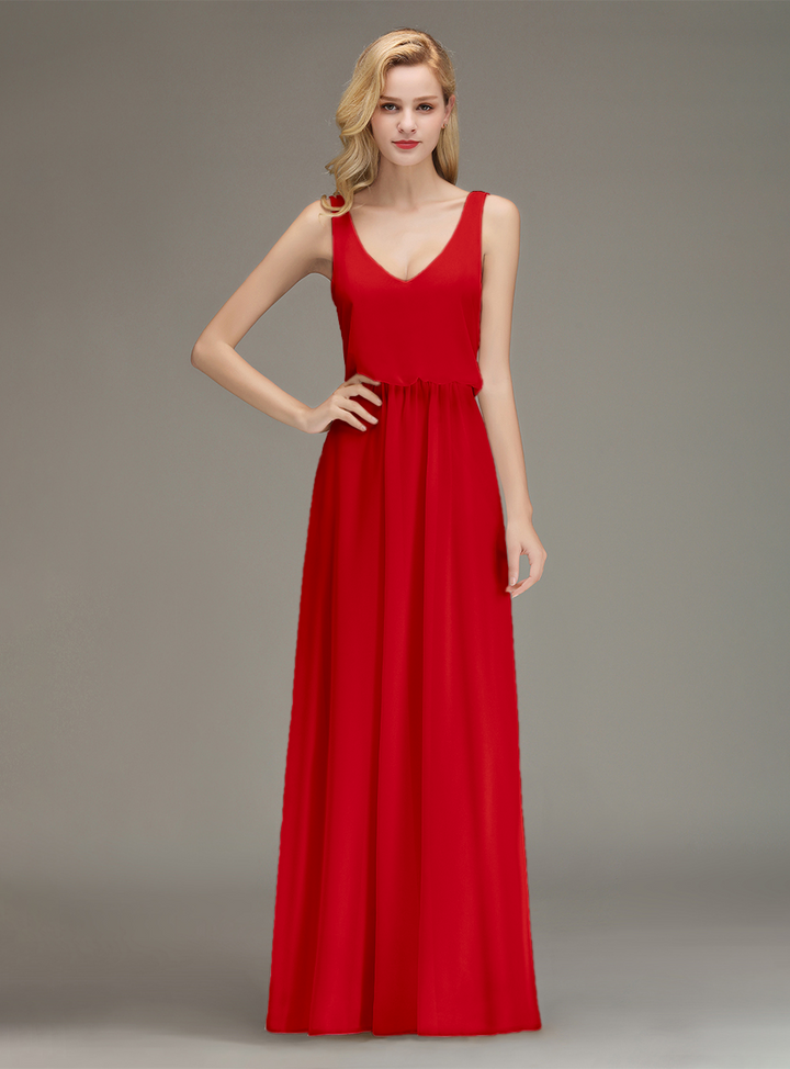 A-line Straps Ruched Chiffon Floor-Length Dress-koscy