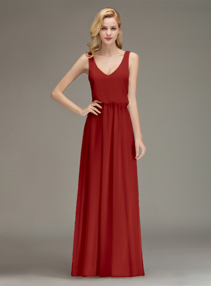 A-line Straps Ruched Chiffon Floor-Length Dress-koscy