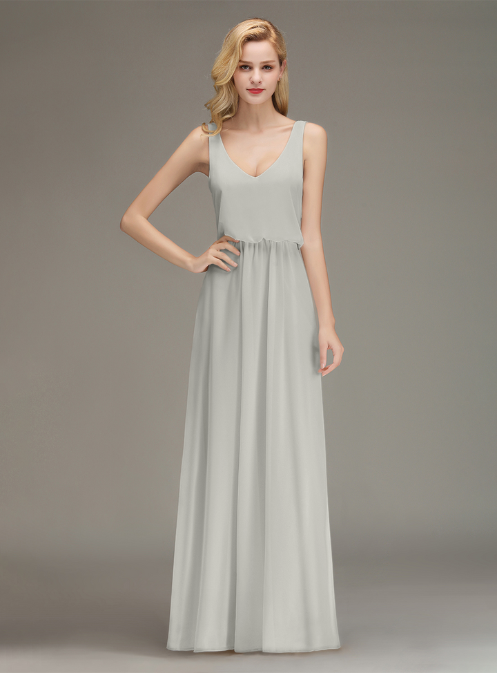 A-line Straps Ruched Chiffon Floor-Length Dress-koscy