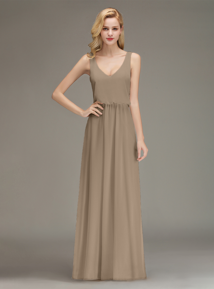 A-line Straps Ruched Chiffon Floor-Length Dress-koscy