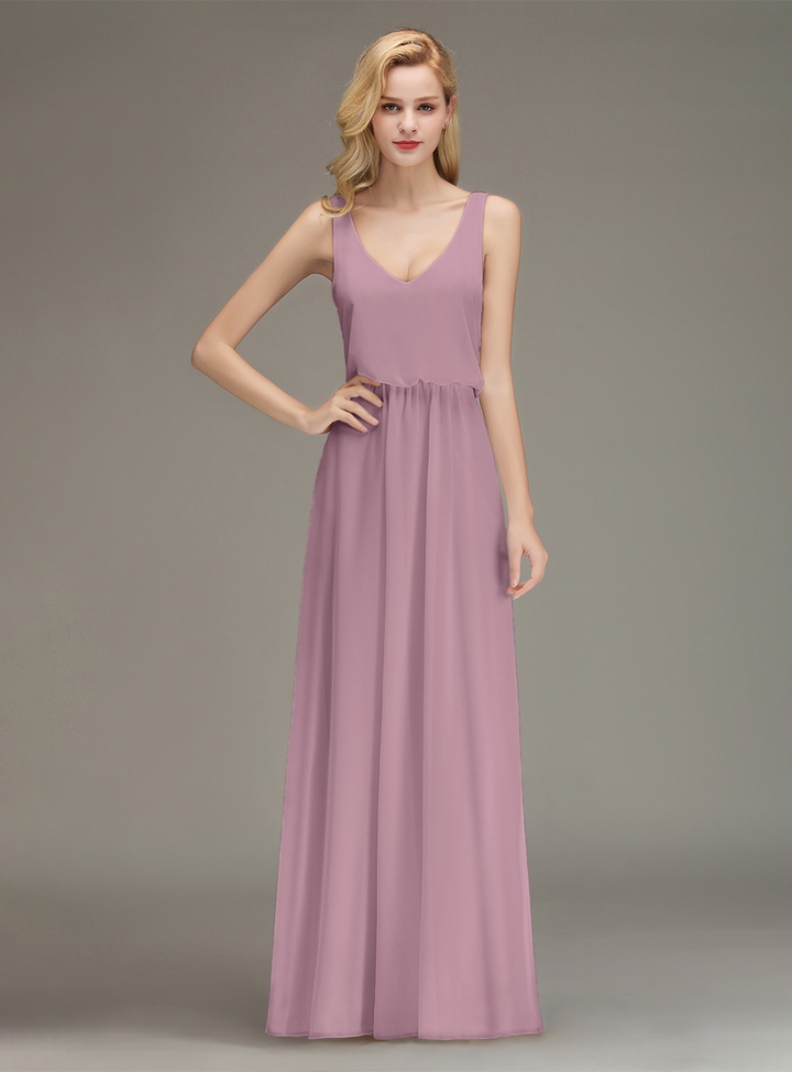 A-line Straps Ruched Chiffon Floor-Length Dress-koscy