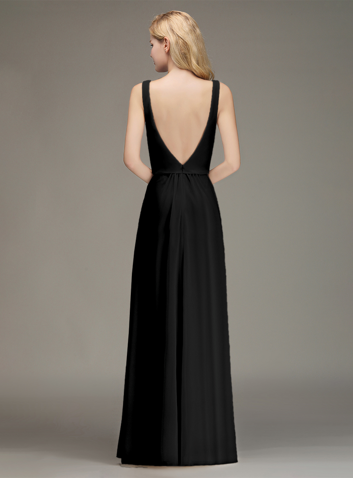 A-line Straps Ruched Chiffon Floor-Length Dress-koscy