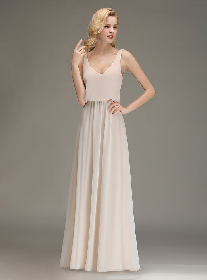 A-line Straps Ruched Chiffon Floor-Length Dress-koscy