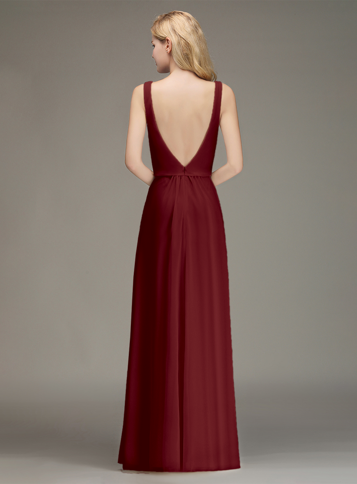 A-line Straps Ruched Chiffon Floor-Length Dress-koscy