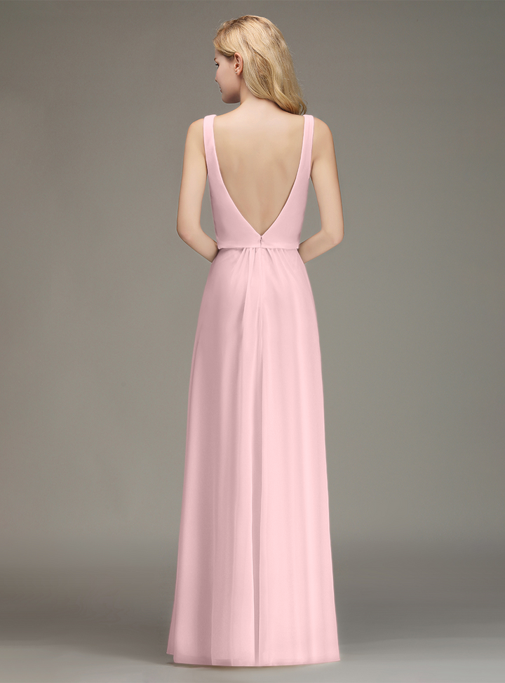 A-line Straps Ruched Chiffon Floor-Length Dress-koscy