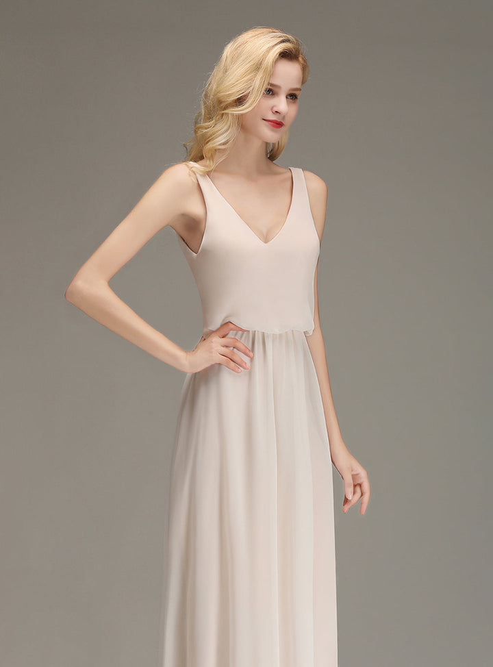 A-line Straps Ruched Chiffon Floor-Length Dress-koscy