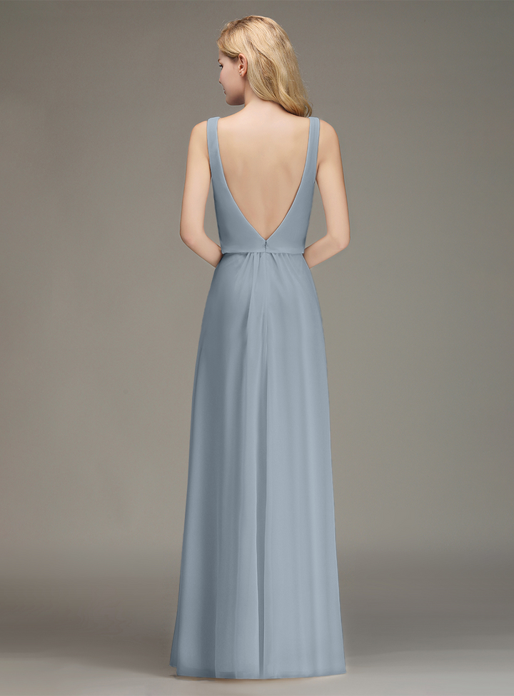 A-line Straps Ruched Chiffon Floor-Length Dress-koscy