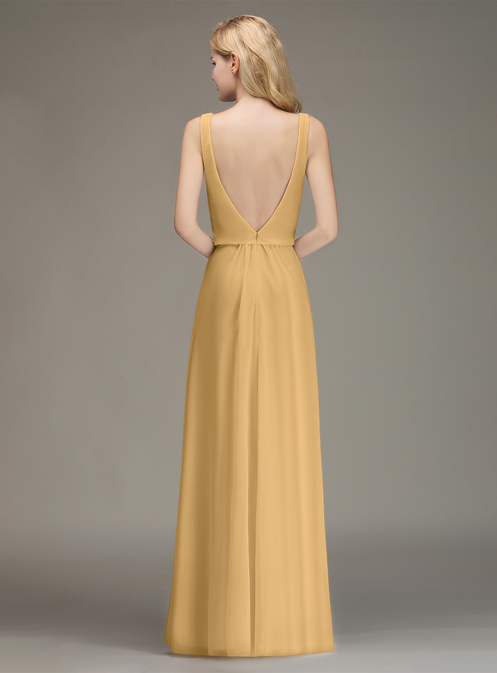 A-line Straps Ruched Chiffon Floor-Length Dress-koscy