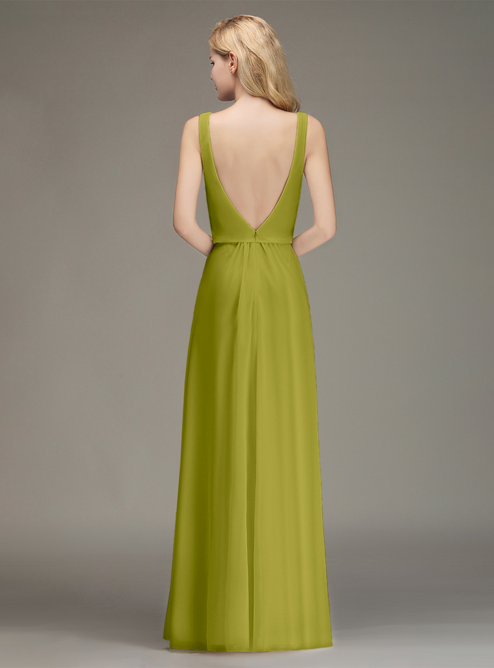 A-line Straps Ruched Chiffon Floor-Length Dress-koscy