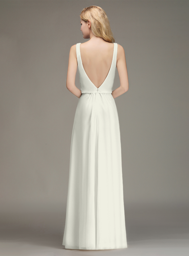 A-line Straps Ruched Chiffon Floor-Length Dress-koscy