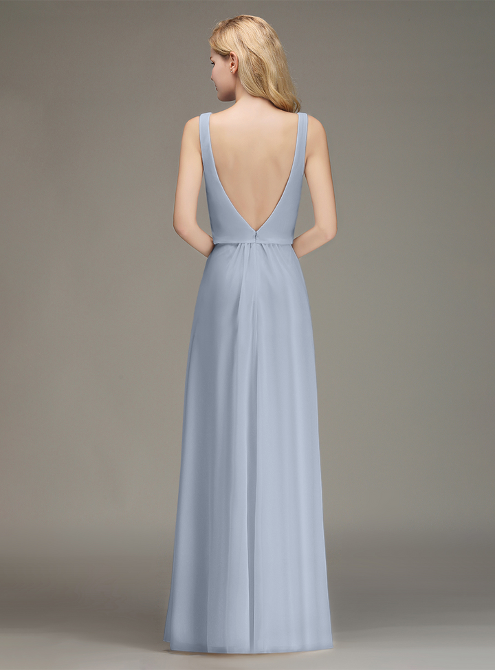 A-line Straps Ruched Chiffon Floor-Length Dress-koscy