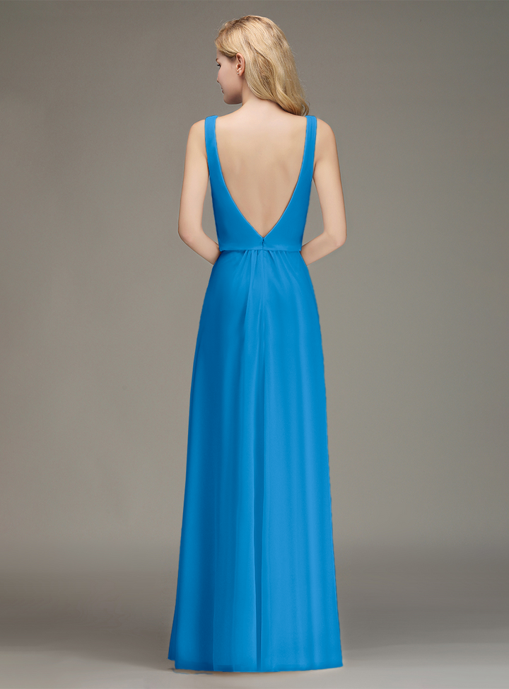 A-line Straps Ruched Chiffon Floor-Length Dress-koscy